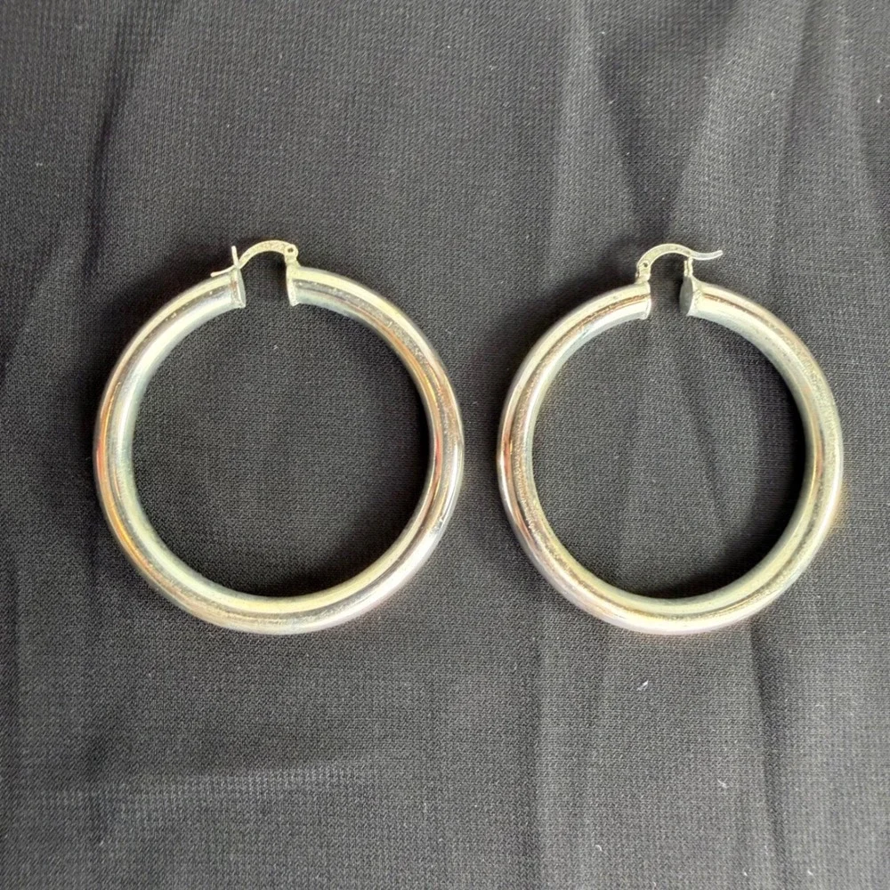 Sterling Silver 925 2 Inch Hollow Tube Hoop Earrings Latch Back Polished